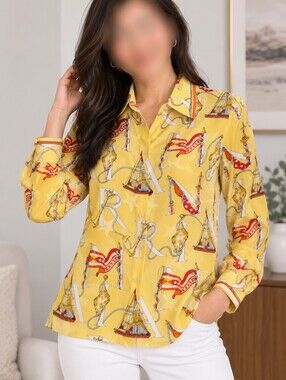 Starington 100% Silk Yellow Nautical Print Blouse Shirt Size 6 Vintage Style